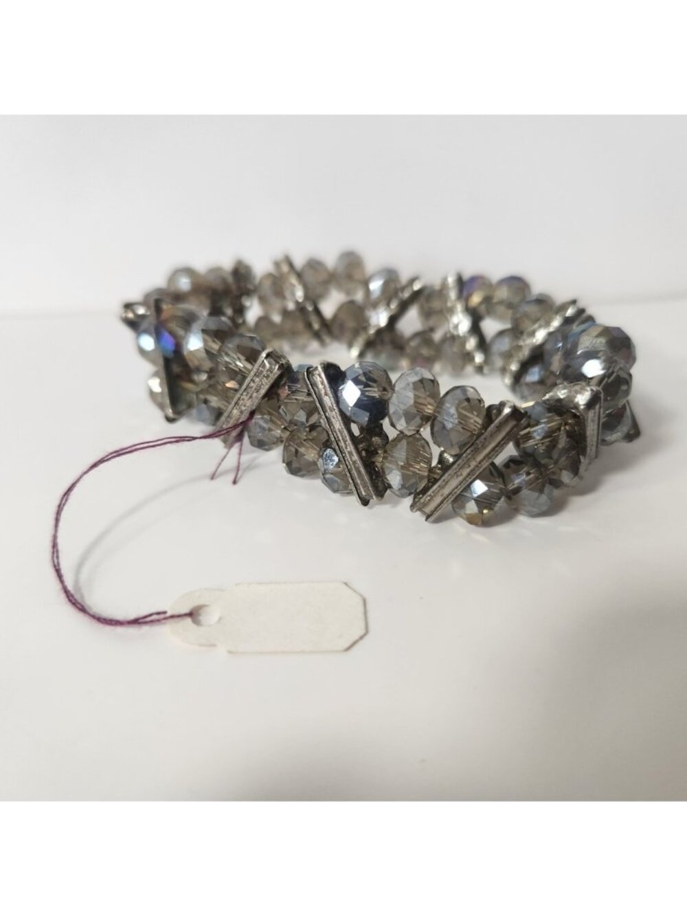Vintage Smoke Grey‎ Iridescent Glass Bead Stretch Bracelet Silver Tone Art Deco